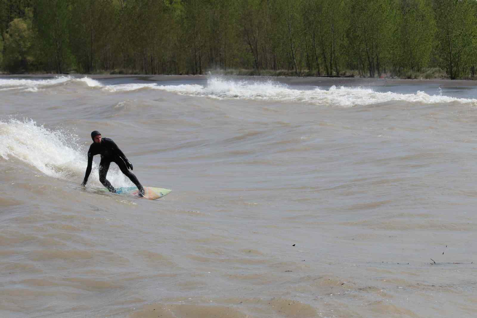 A man drags his hand in the water while surfing away from a forested shore.