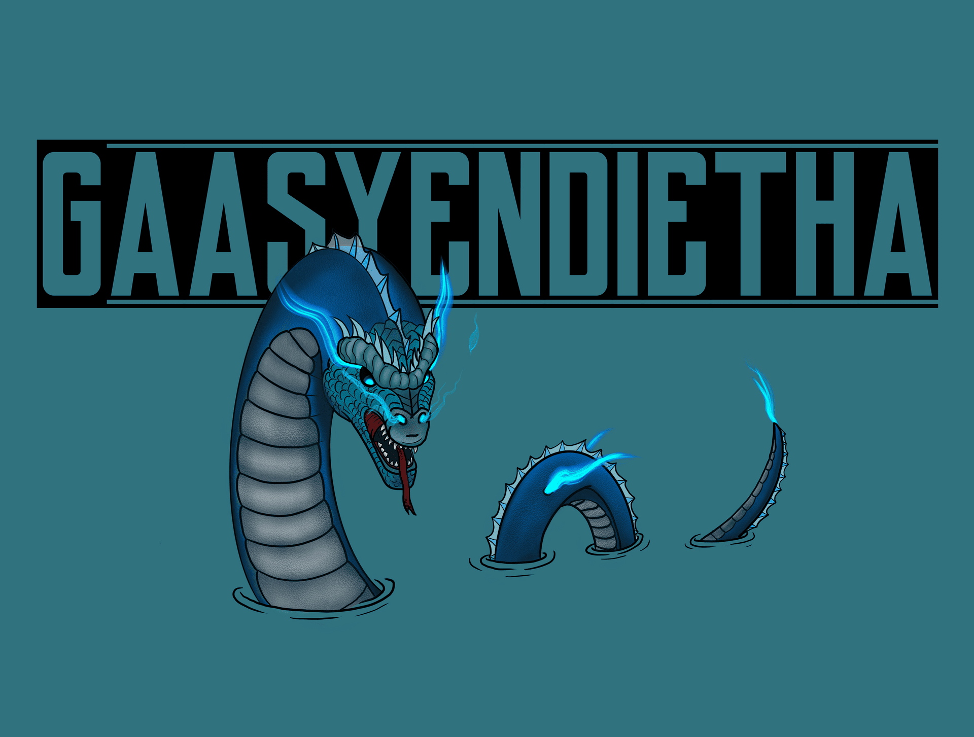 A digital illustration of Gaasyendietha emerging from a solid water-coloured background