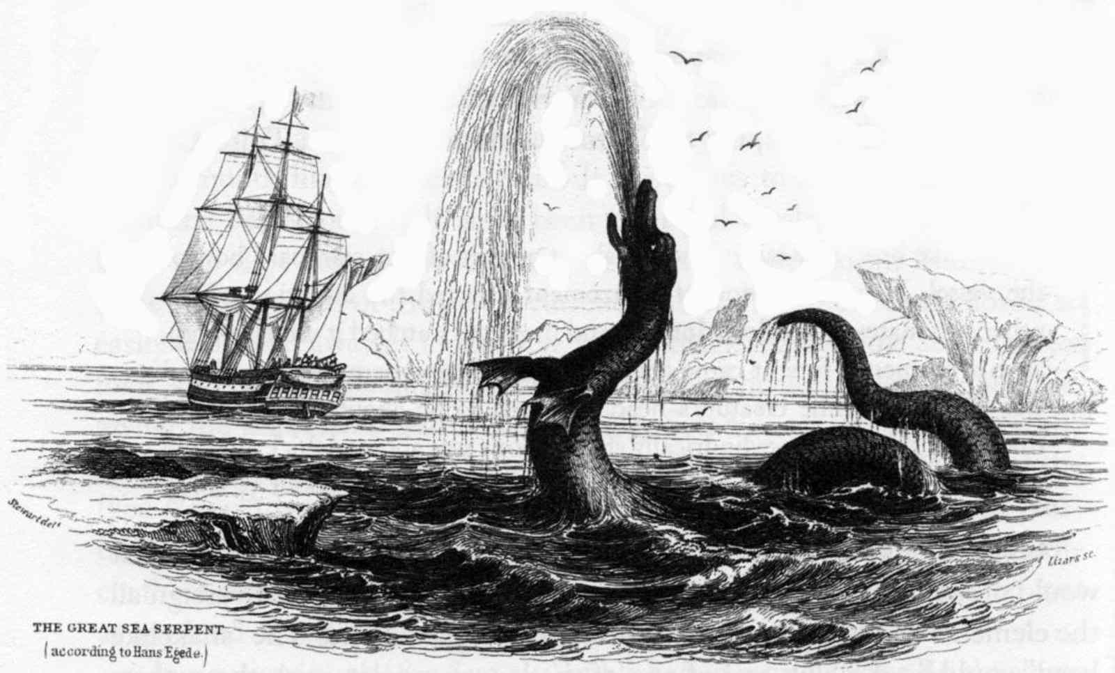 An black and white drawing of a serpent spitting a fountain of water several metres high. The massive black serpent is in the foreground, while a ship approaches from behind