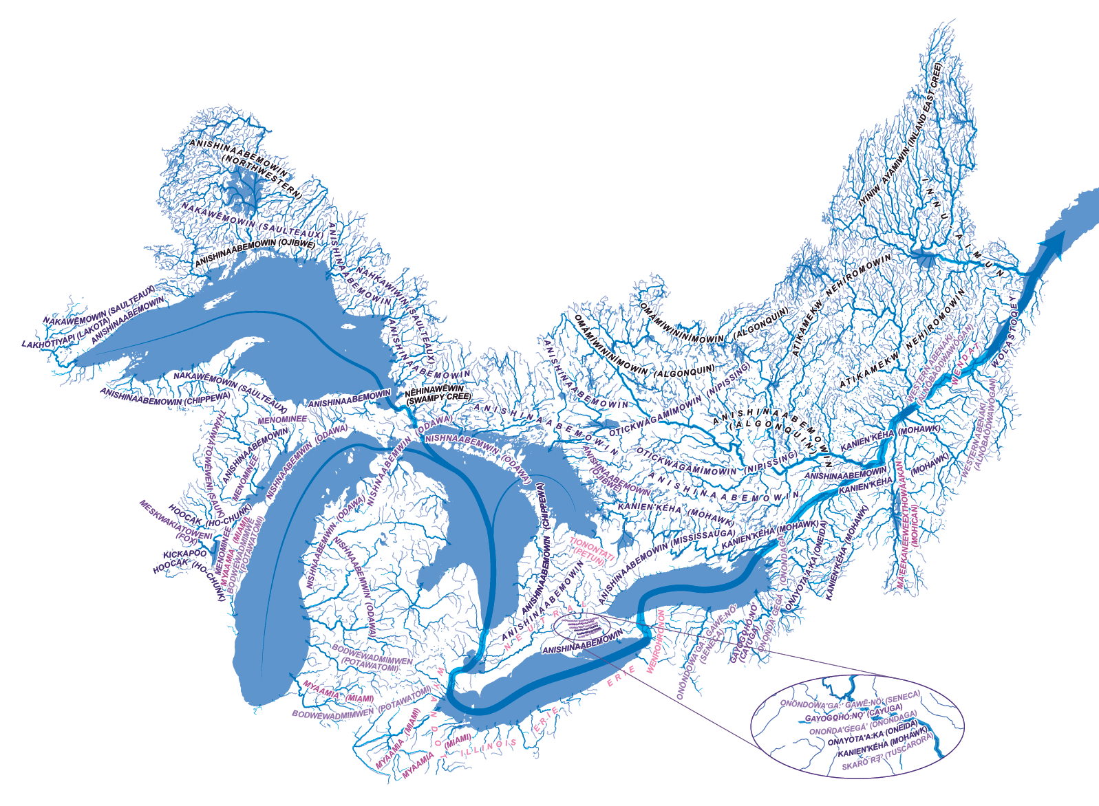 Map of the Great Lakes Watershed showing Indigenous languages