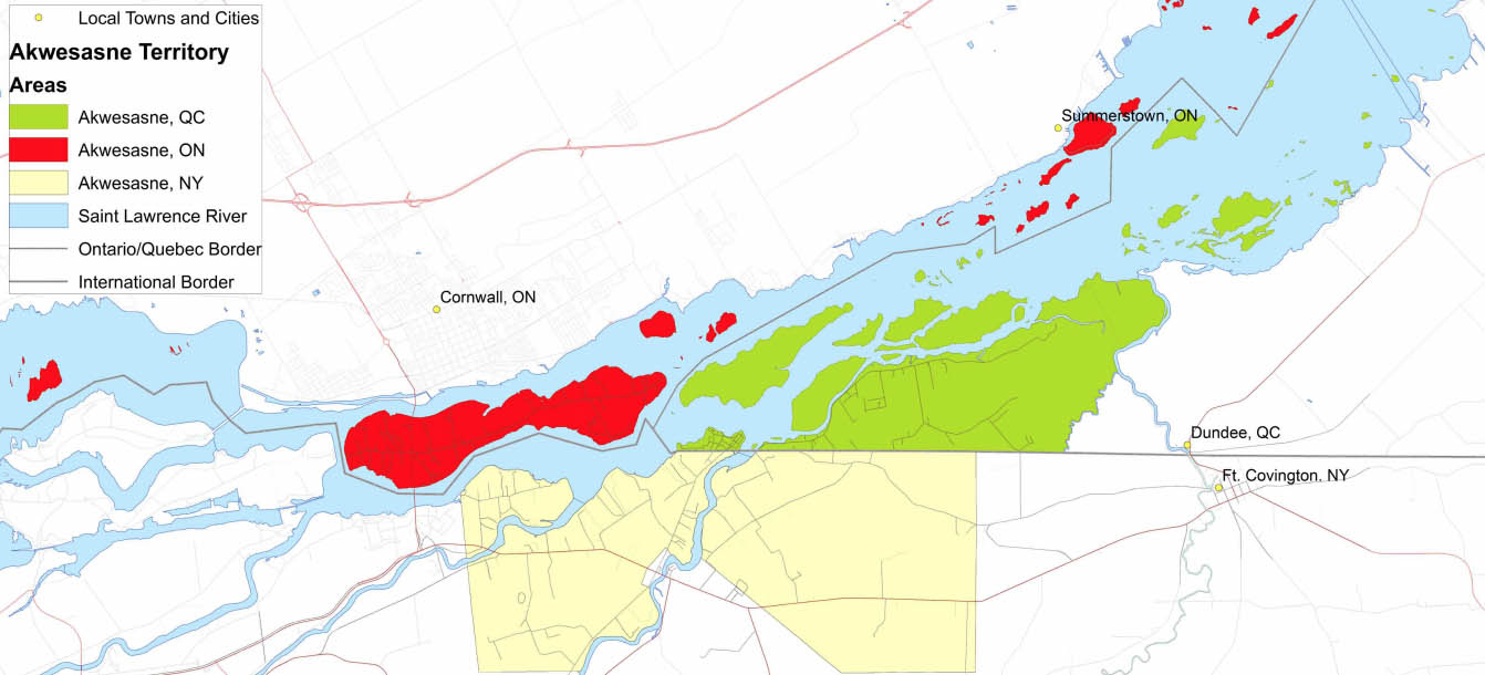 Map of Akwesasne showing territory in Ontario, Quebec, and New York State.